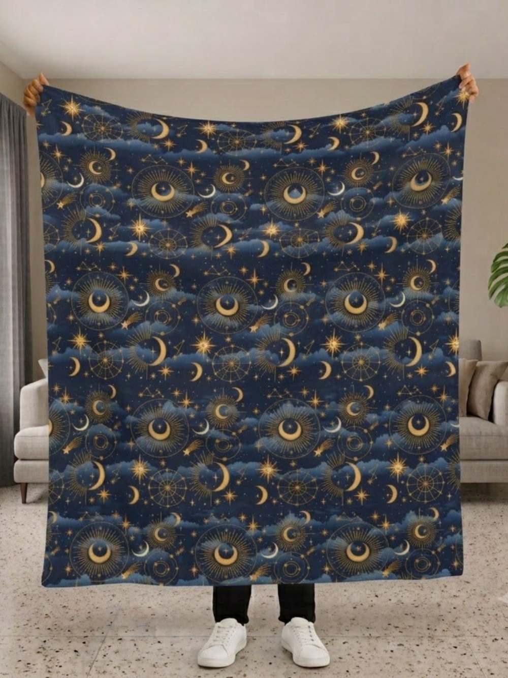 Celestial Moon & Star Plush Sherpa Blanket - Navy Blue and Gold